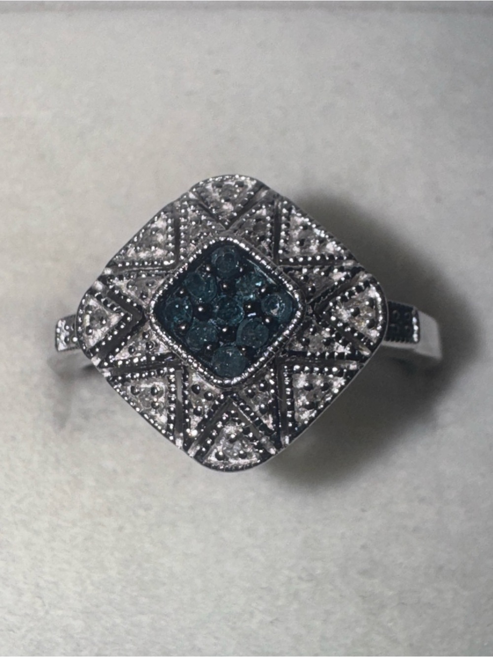 JWBR Sterling Silver Blue diamond Cluster Ring Art Deco Style Size 8